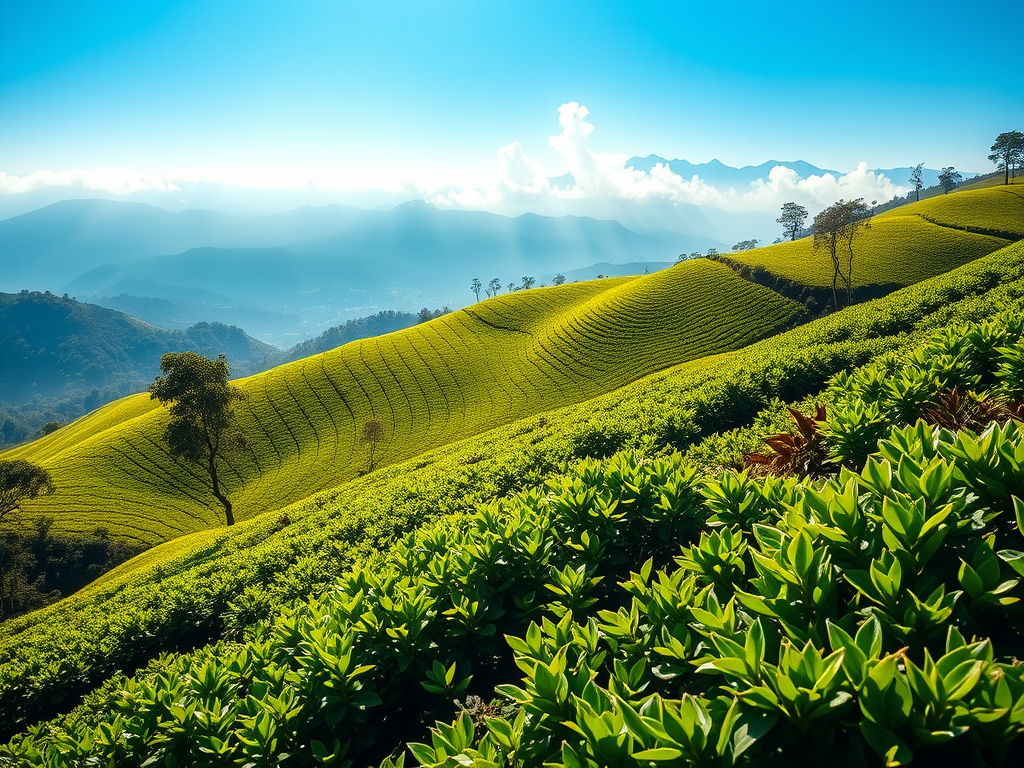 Lush green tea plantations on rolling hills under a clear blue sky in Munnar, Kerala, showcasing the region's natural beauty.